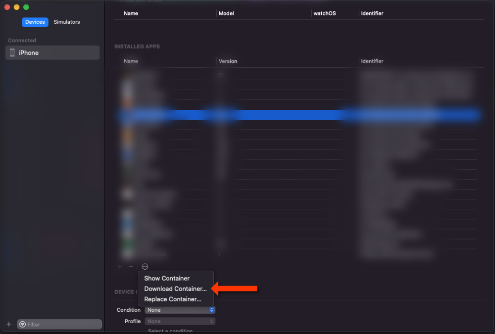 Xcode - Devices and Simulators window with Download container option