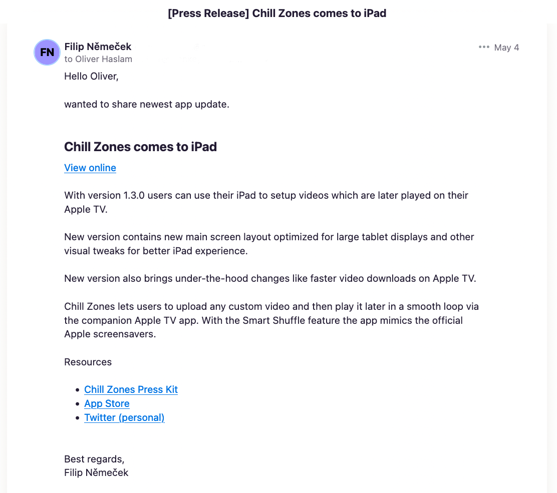 Press release example email Chill Zones