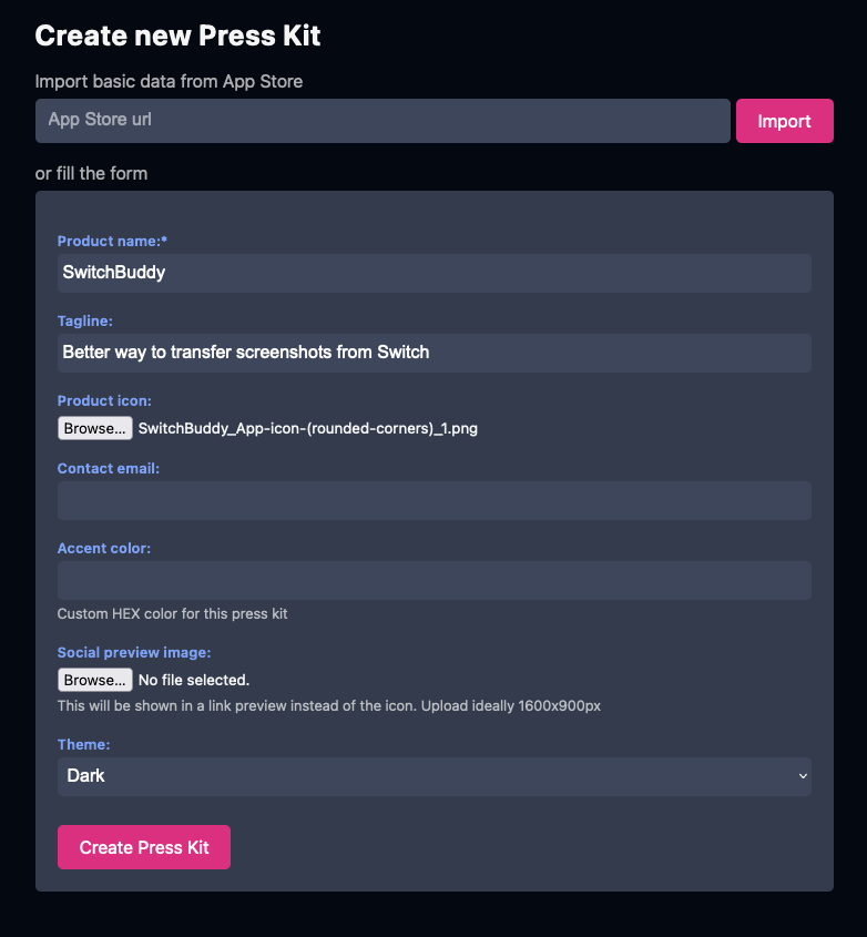 Create press kit form example screenshot